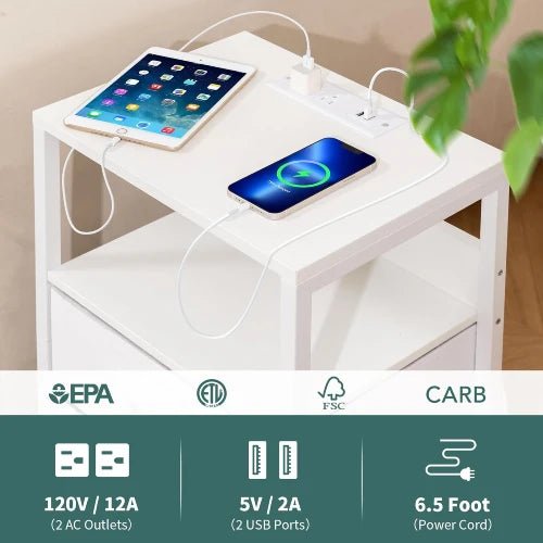 Charging Station Nightstand - Bedside - White - NovoBam